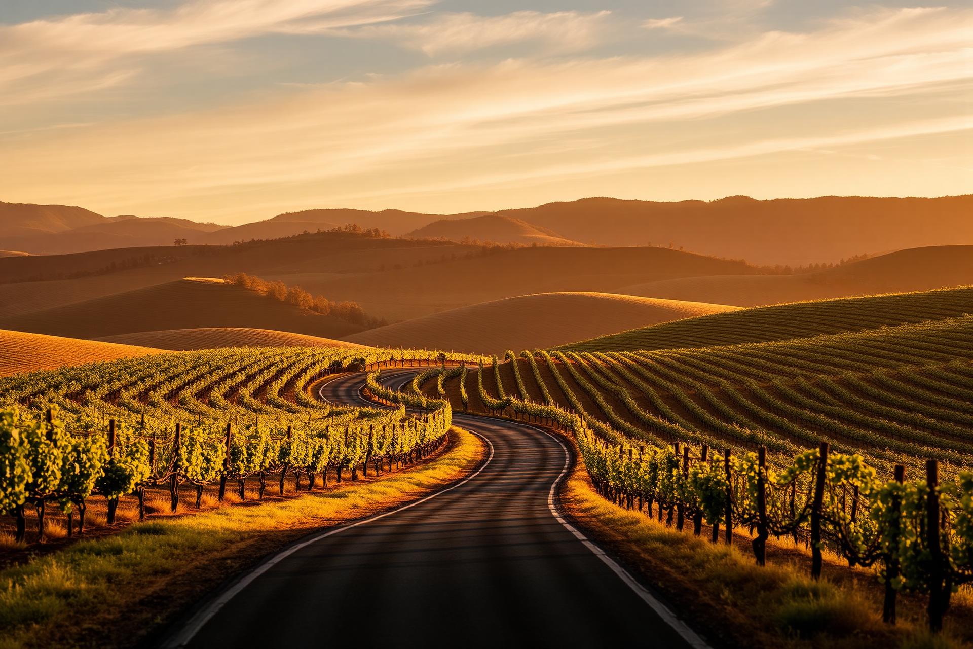 Golden hour road winding through Napa Valley vineyards